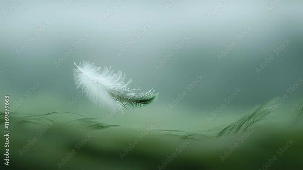 a white feather floating against a green backdrop with a blue sky above a white feather floating against a green backdrop with a blue sky above