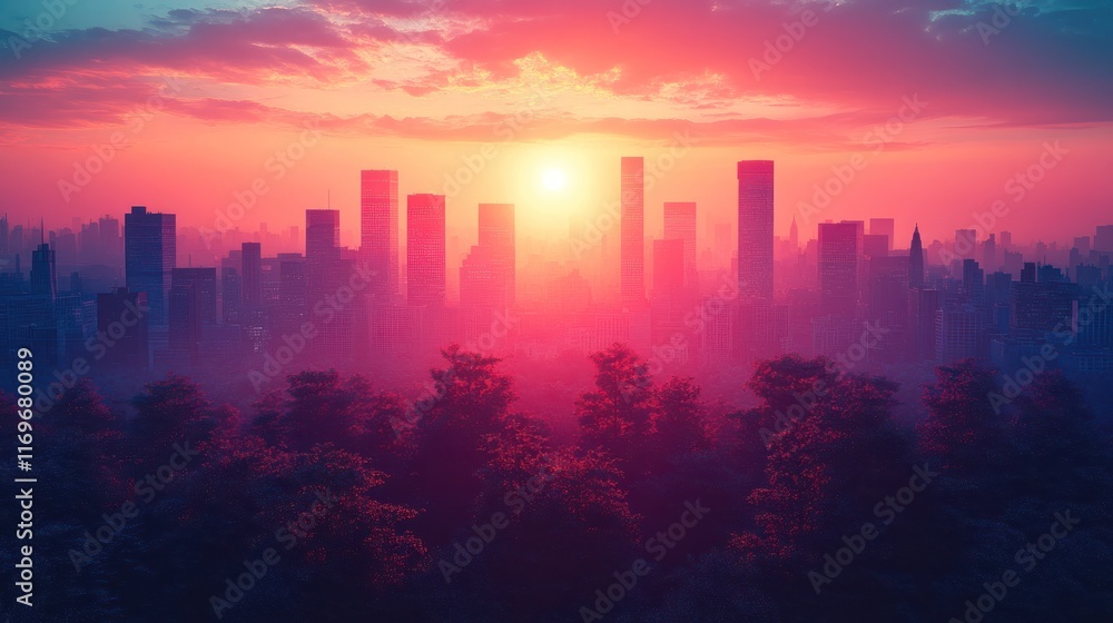 Fototapeta premium Vibrant sunset over a hazy city skyline viewed from a treetop perspective.