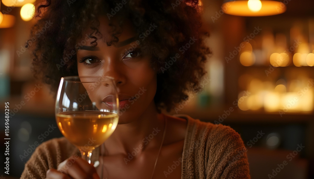 Mujer atractiva de raza negra y pelo rizado bebiendo una copa de vino blanco en un bar de lujo Mujer atractiva de raza negra y pelo rizado bebiendo una copa de vino blanco en un bar de lujo