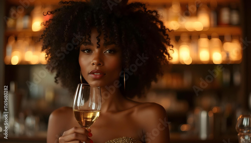 Mujer atractiva de raza negra y pelo rizado bebiendo una copa de vino blanco en un bar de lujo