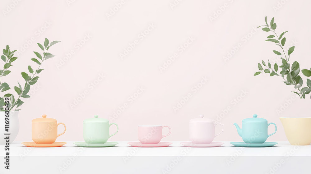 Pastel-colored teacups and teapot on a white surface, flanked by greenery against a soft pink background. A serene and minimalist scene. Pastel-colored teacups and teapot on a white surface, flanked by greenery against a soft pink background. A serene and minimalist scene.