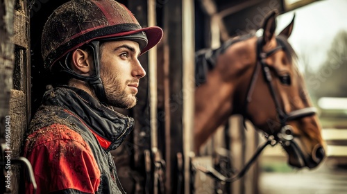Wallpaper Mural Rider in Stable with Horse, Profile View, Horse Riding Gear Torontodigital.ca
