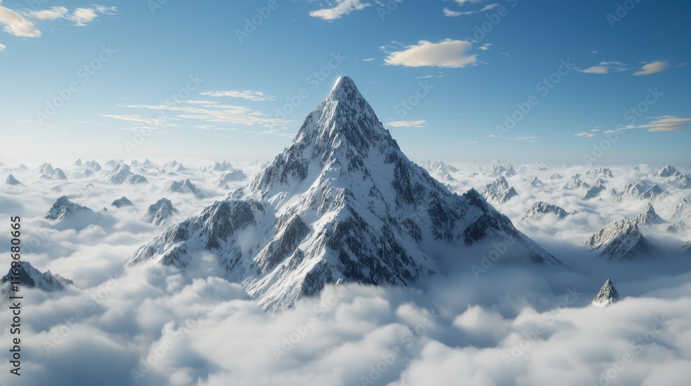 Obraz premium Majestic Snow-Capped Mountain Peak Rising Above Clouds in Clear Blue Sky Landscape with Distant Mountains and Dramatic Light Effects