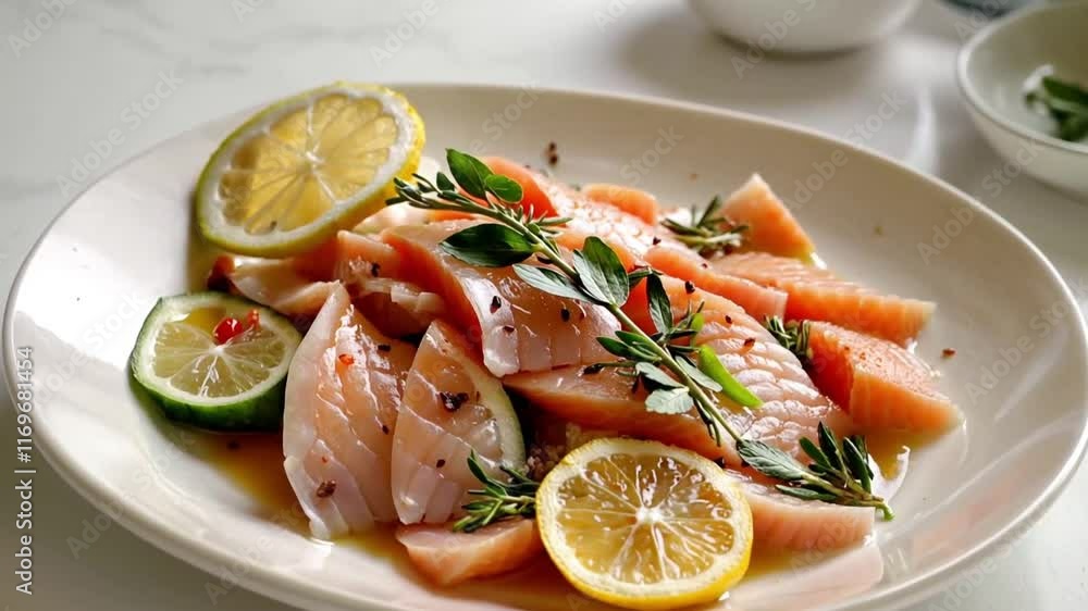 Slices of fresh salmon garnished with rosemary, lemon, and pepper, highlighting vibrant flavors and freshness. Slices of fresh salmon garnished with rosemary, lemon, and pepper, highlighting vibrant flavors and freshness.