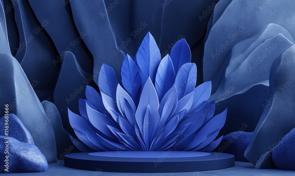 Obraz premium 3D background with a dark blue podium display in the center, set on a pastel dark blue stone base. Behind the podium, a vibrant water splash rises