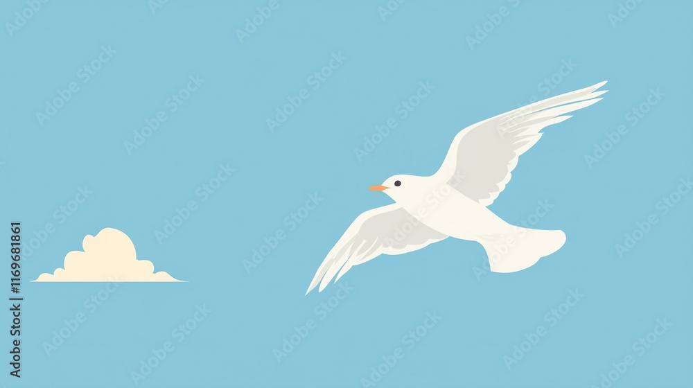 Fototapeta premium A luminous avian soars above a towering cumulus, set against an azure backdrop