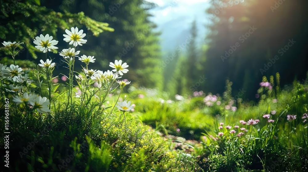 Fototapeta premium Vibrant Wildflowers Blooming in a Sunlit Forest Clearing
