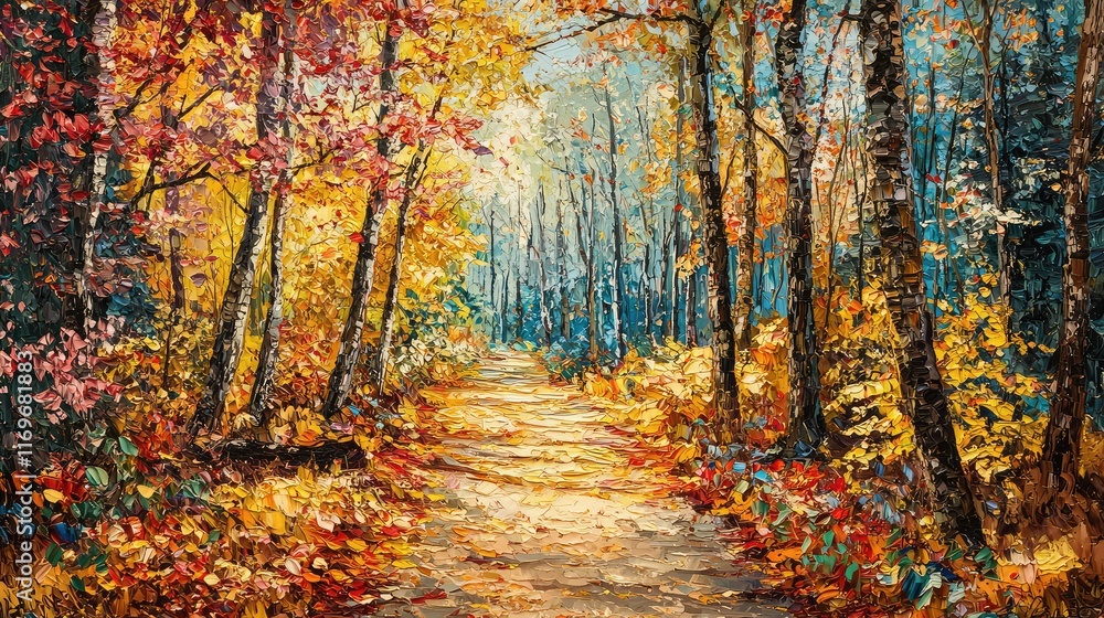 Vibrant Autumn Landscape with Golden Leaves and Scenic Pathway Vibrant Autumn Landscape with Golden Leaves and Scenic Pathway