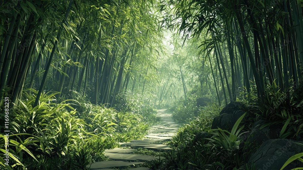 Fototapeta premium Serene Bamboo Forest Pathway Through Lush Green Foliage