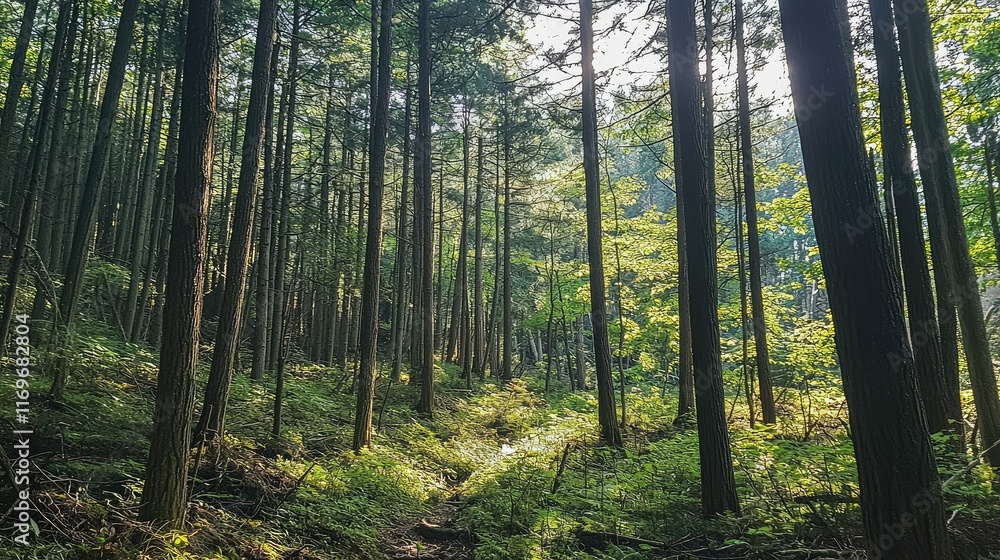 Obraz premium Serene Forest Landscape with Tall Trees and Sunlight Filtering Through