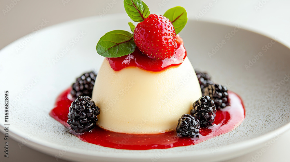 Creamy Vanilla Panna Cotta with Berry Sauce and Fresh Fruit Creamy Vanilla Panna Cotta with Berry Sauce and Fresh Fruit