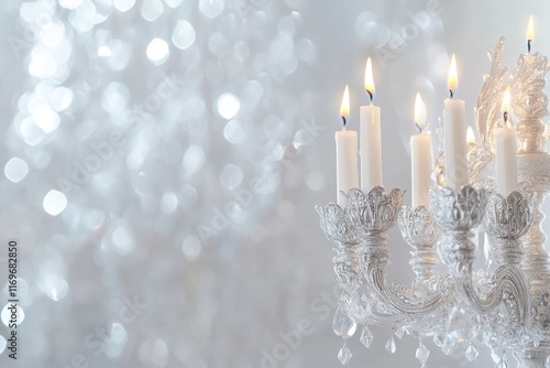 A depiction of Hanukkah, the Jewish festival, with a menorah (a traditional candelabra) and oil candles, displayed on a white background photo