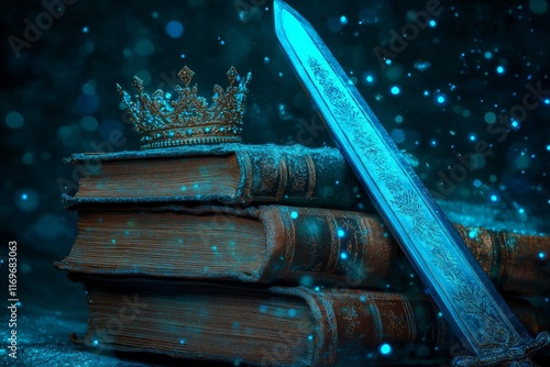 A softly illuminated image showcases a majestic crown, suitable for royalty, placed on an antique book and sword, bringing to mind a medieval fantasy setting. The crown is in sharp focus photo