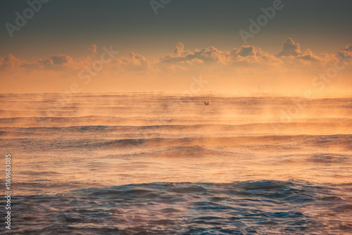 Beautiful sunrise over the sea shore and morning fog over water