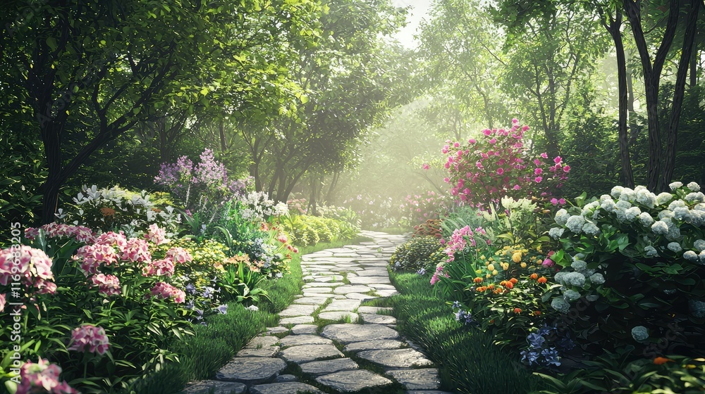 Serene Pathway Through Lush Blooming Garden in Gentle Morning Light Serene Pathway Through Lush Blooming Garden in Gentle Morning Light