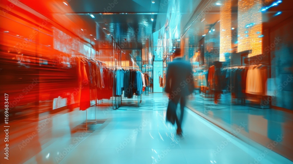 Blurred motion of shopper in modern clothing store. Blurred motion of shopper in modern clothing store.