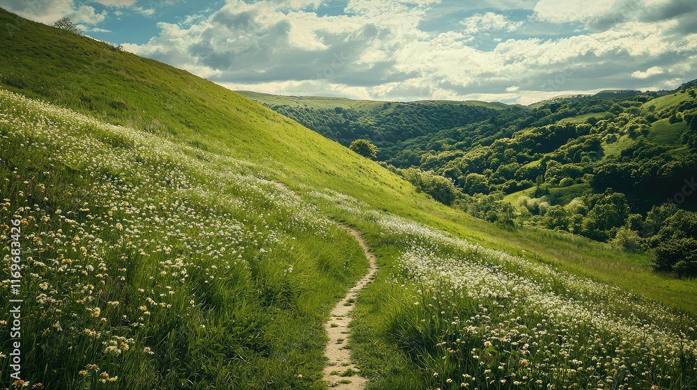 Serene Path Through Lush Green Hills Under Bright Blue Sky Serene Path Through Lush Green Hills Under Bright Blue Sky