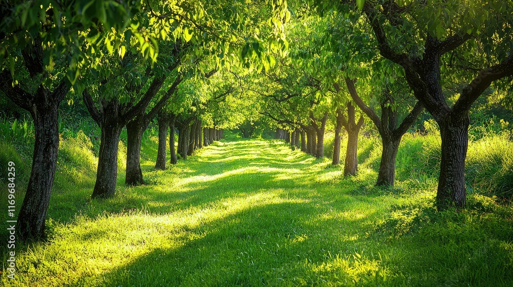 Serene Tree-Lined Pathway in Lush Green Forest During Daylight Serene Tree-Lined Pathway in Lush Green Forest During Daylight