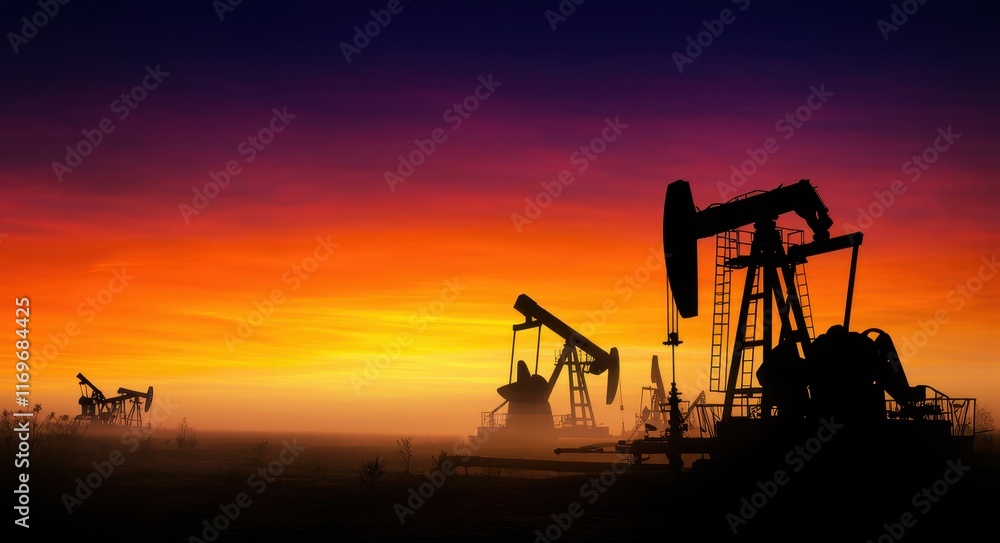 Silhouette of Oil Mining Equipment at a Dramatic Sunset. Silhouette of Oil Mining Equipment at a Dramatic Sunset.