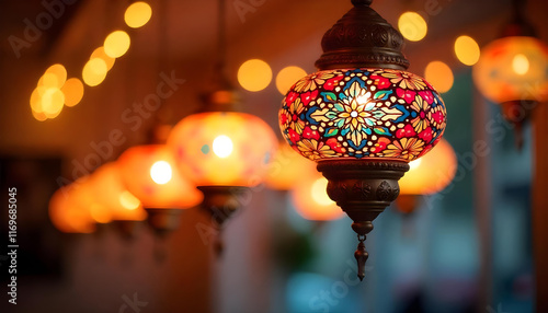 Colorful Middle Eastern style lanterns suspended from a ceiling, with ornate patterns illuminated, set against a warm, blurred background featuring pastel bokeh lights 2