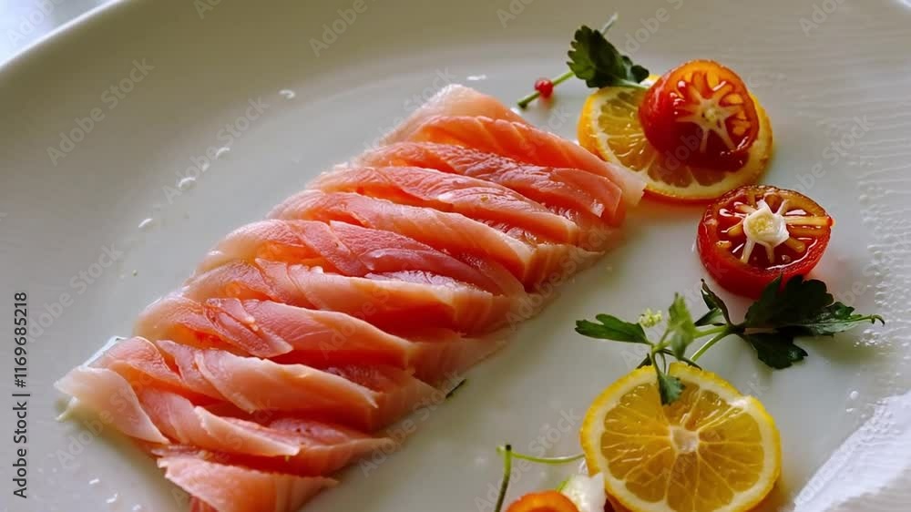 Fresh salmon sashimi with arugula, cherry tomatoes, and orange slices, elegantly arranged on a plate. Fresh salmon sashimi with arugula, cherry tomatoes, and orange slices, elegantly arranged on a plate.