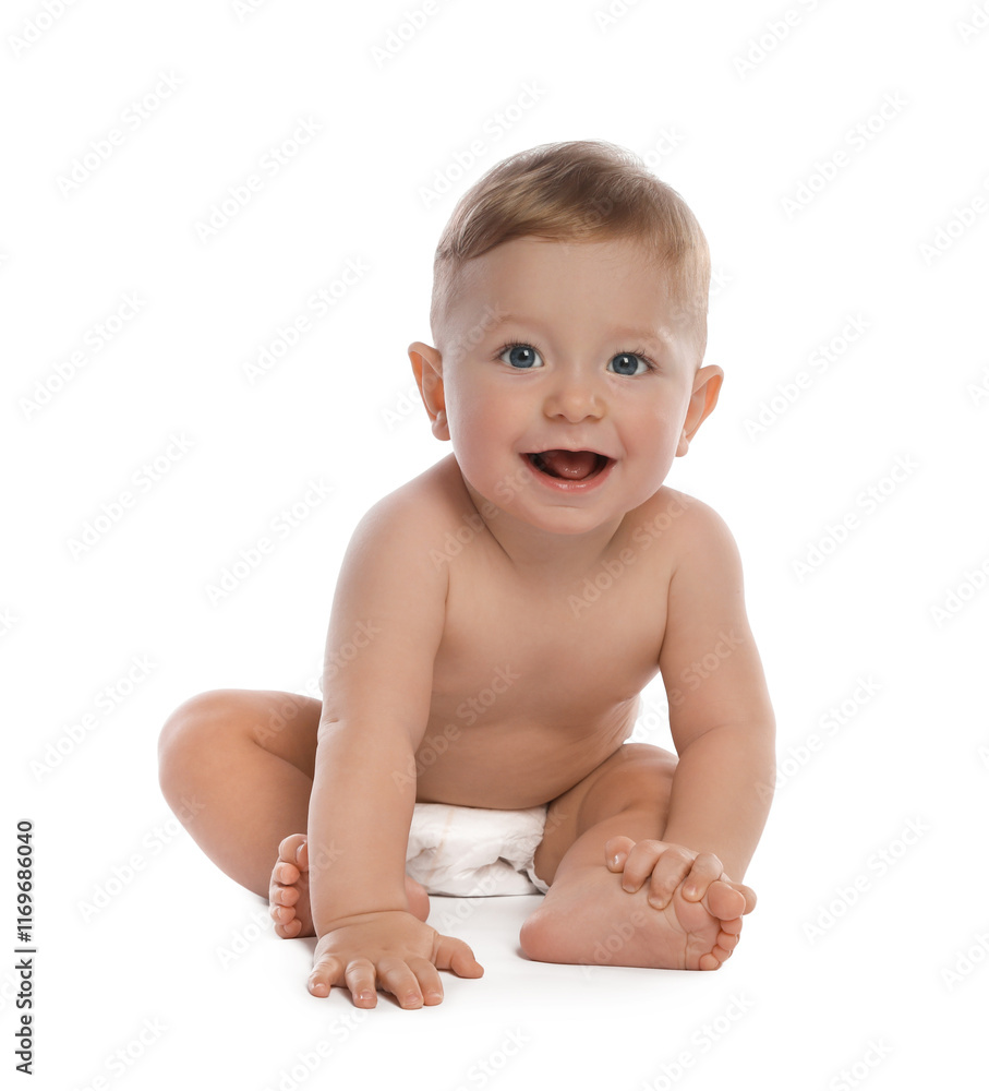 Little baby in diaper on white background Little baby in diaper on white background