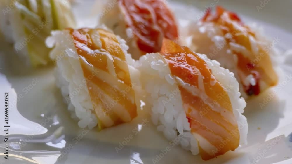 Close-up composition of nigiri sushi, highlighting the delicate details and fresh ingredients. Close-up composition of nigiri sushi, highlighting the delicate details and fresh ingredients.