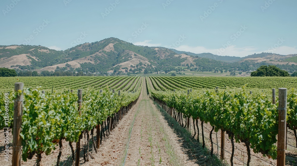 Lush Vineyard Landscape with Rolling Hills Under Clear Blue Sky Lush Vineyard Landscape with Rolling Hills Under Clear Blue Sky