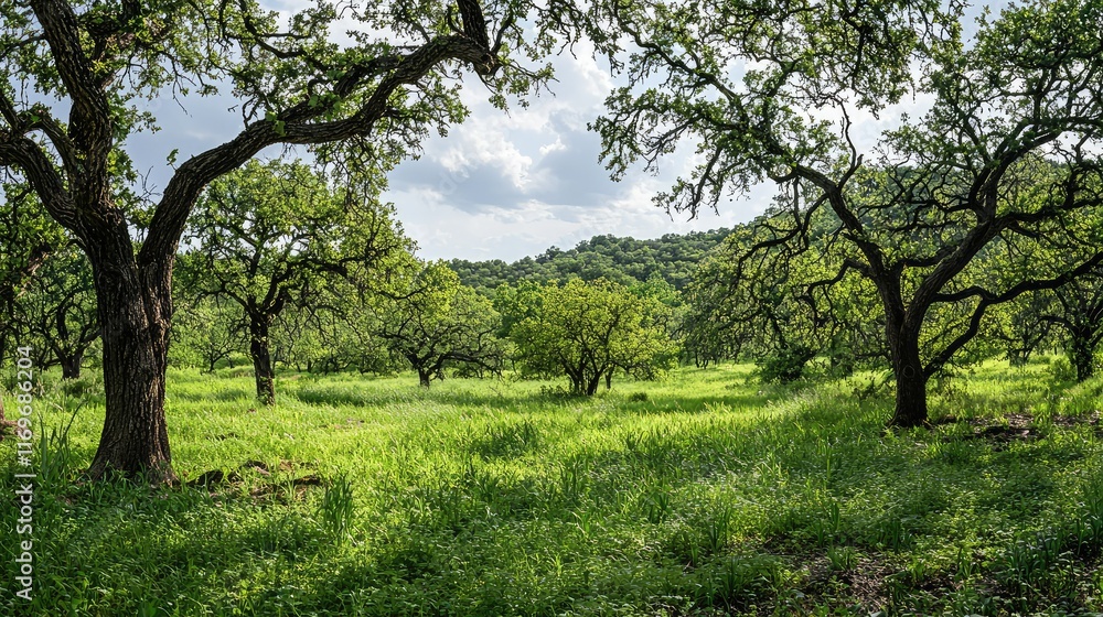 Serene Green Landscape with Oak Trees and Lush Grass Under Sky Serene Green Landscape with Oak Trees and Lush Grass Under Sky