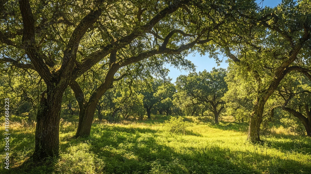 Serene Forest Landscape with Green Oak Trees and Sunshine Rays Serene Forest Landscape with Green Oak Trees and Sunshine Rays