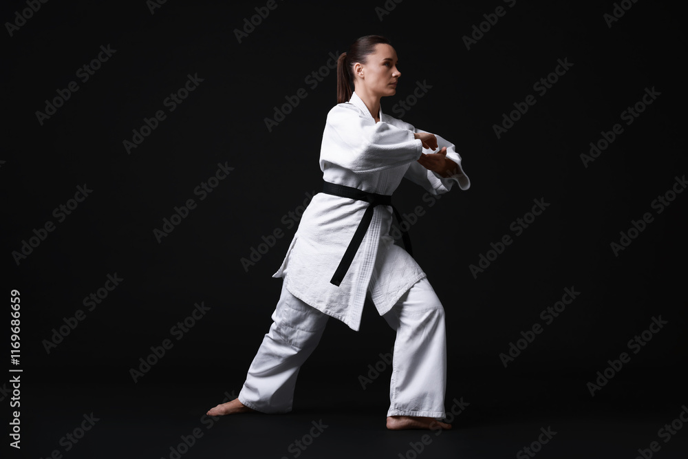 Young woman in kimono practicing karate on black background Young woman in kimono practicing karate on black background