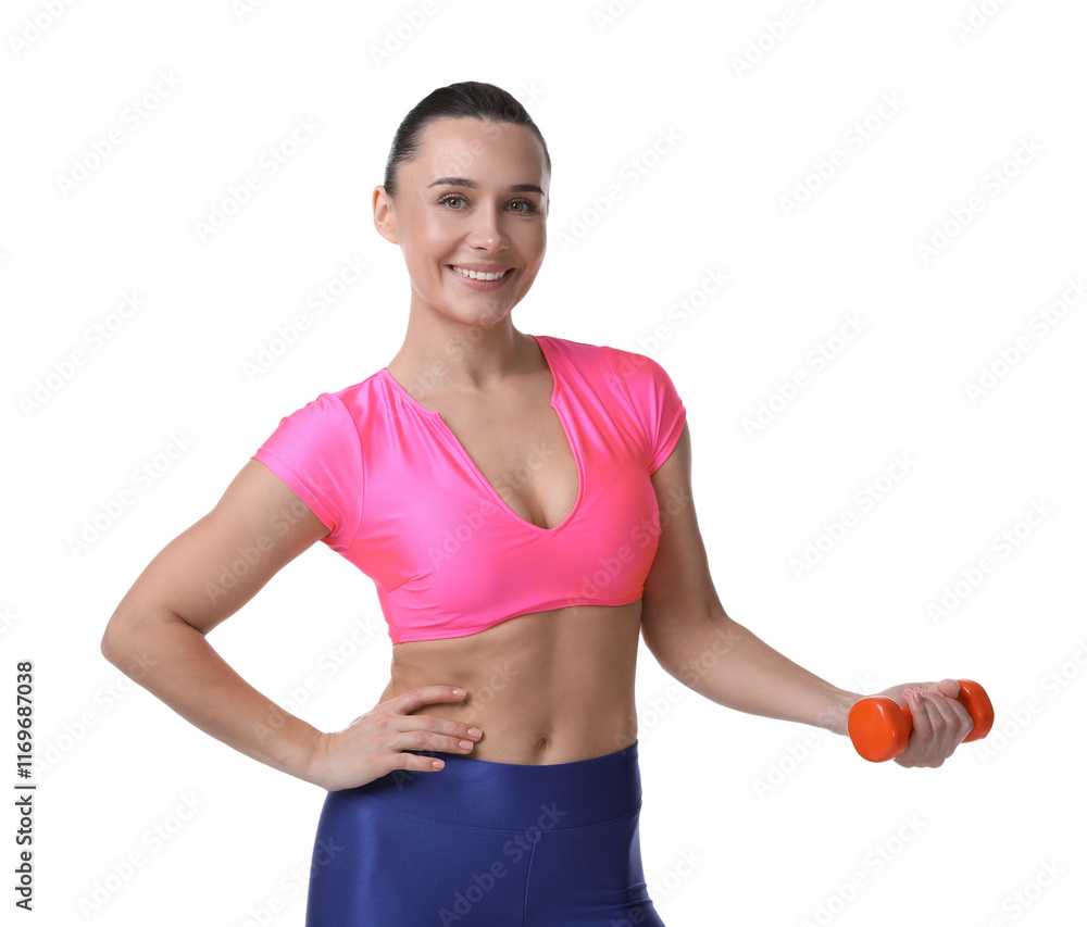 Woman exercising with dumbbell on white background Woman exercising with dumbbell on white background