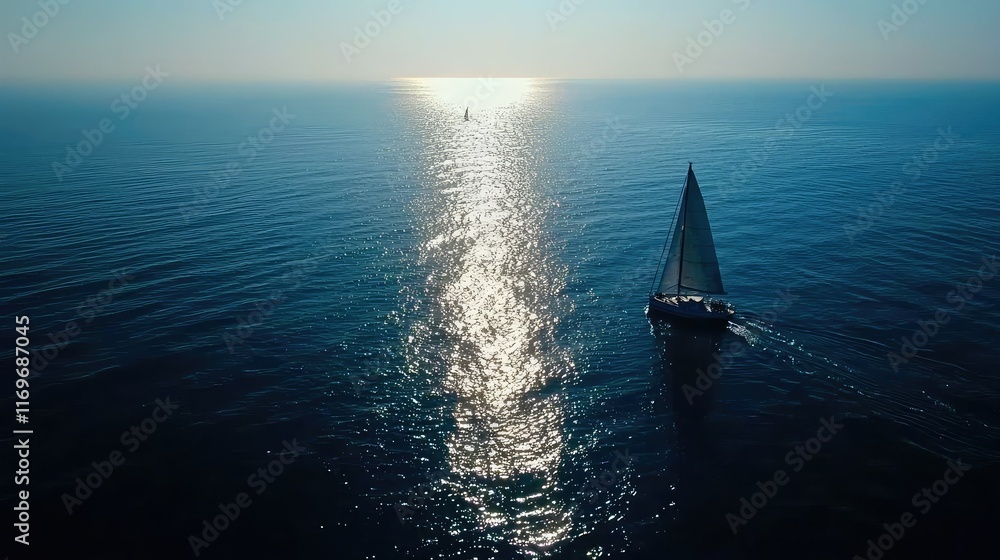 Fototapeta premium Peaceful Sailing on Calm Ocean Waters Under Bright Sunlight