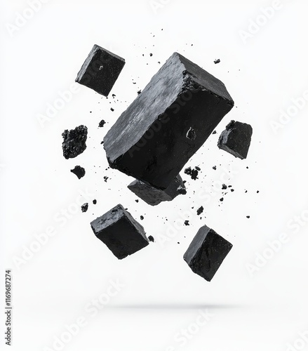 Lonely bits of coal floating in mid-air, set against a white surface photo