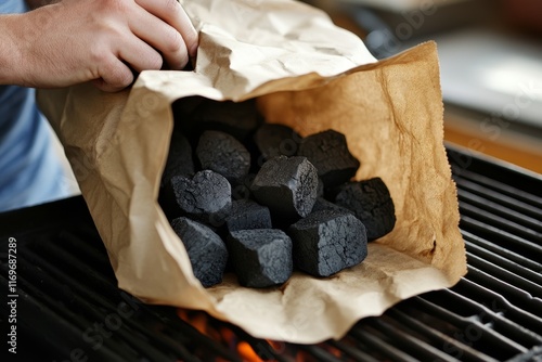 Using black charcoal as a natural fuel for heating and cooking, a hand grasps a paper bag containing coal and is about to place it in the brazier photo