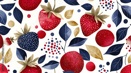   A zoomed-in image of strawberries and berries against a white backdrop, featuring blue, red, and gold foliage