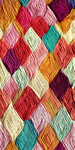 Colorful embroidered textile pattern showcasing vibrant geometric designs with rich textures