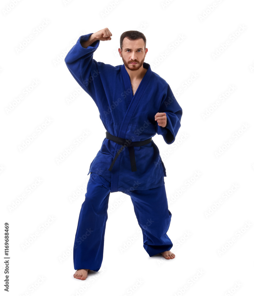 Man in uniform practicing karate on white background Man in uniform practicing karate on white background