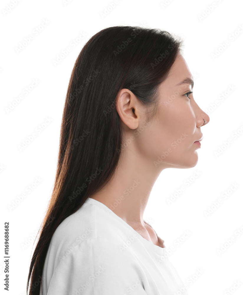 Profile of young woman with beautiful nose on white background Profile of young woman with beautiful nose on white background