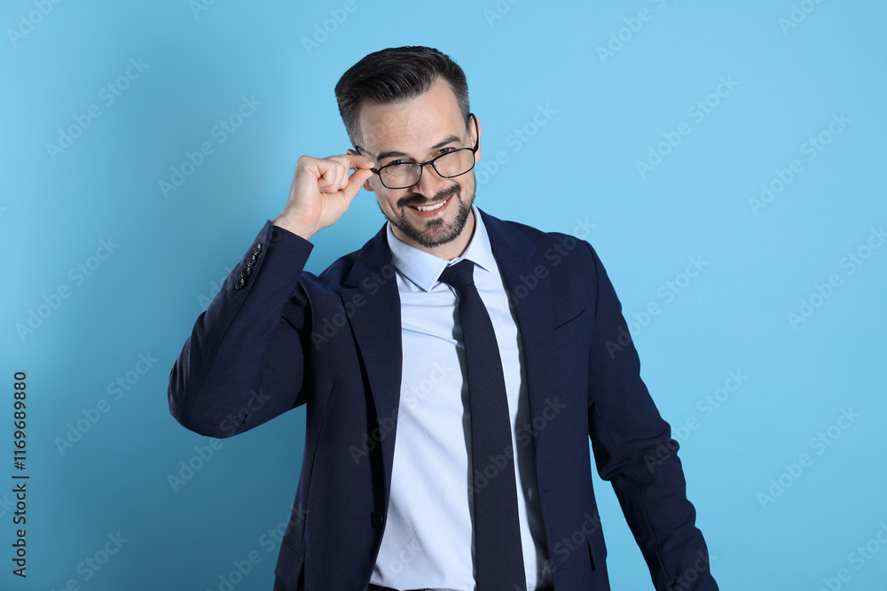 Portrait of smiling banker on light blue background Portrait of smiling banker on light blue background