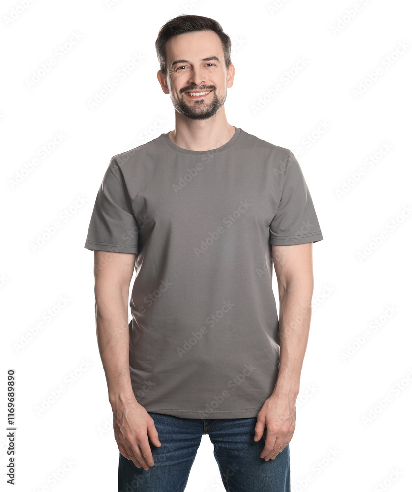 Fototapeta premium Man in blank grey t-shirt on white background. Mockup for design