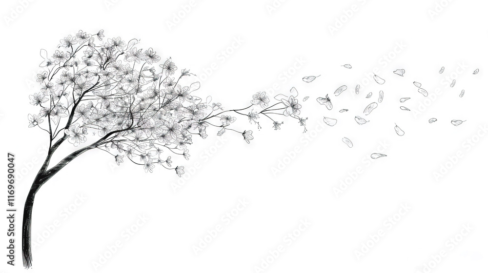 A black and white picture of a dandelion swaying in the wind, with butterflies emerging from it A black and white picture of a dandelion swaying in the wind, with butterflies emerging from it