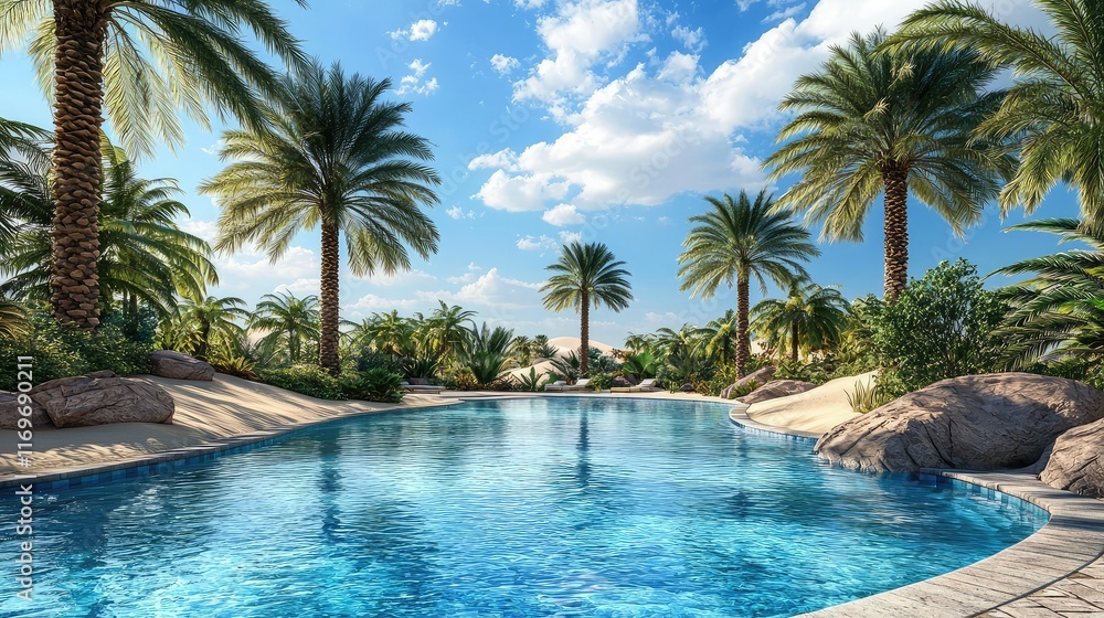 Serene Tropical Oasis with Crystal Clear Water and Lush Palm Trees Serene Tropical Oasis with Crystal Clear Water and Lush Palm Trees