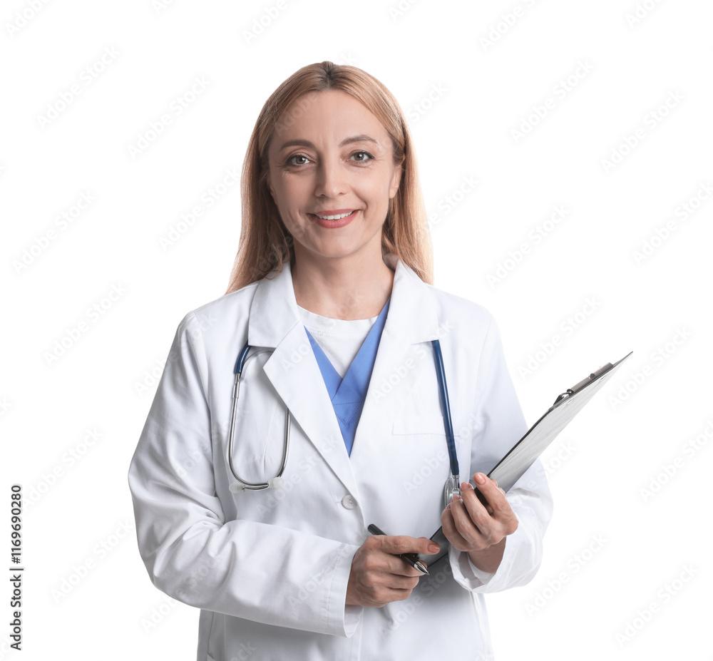 Doctor with stethoscope, clipboard and pen on white background Doctor with stethoscope, clipboard and pen on white background