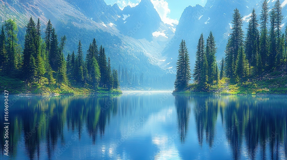 A body of water bordered by trees and a mountain capped with snow in the background A body of water bordered by trees and a mountain capped with snow in the background