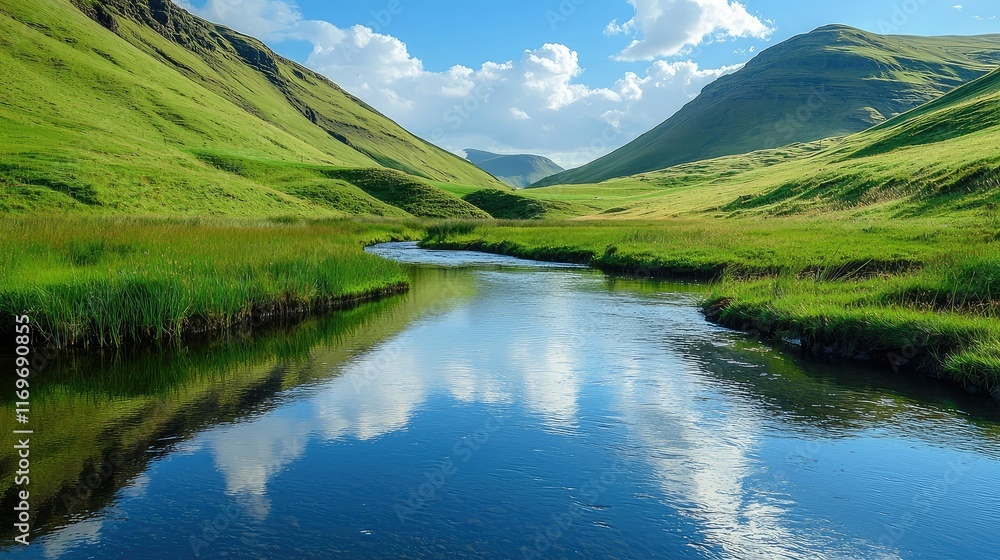 Fototapeta premium Serene Landscape with River Reflecting Blue Sky and Green Hills