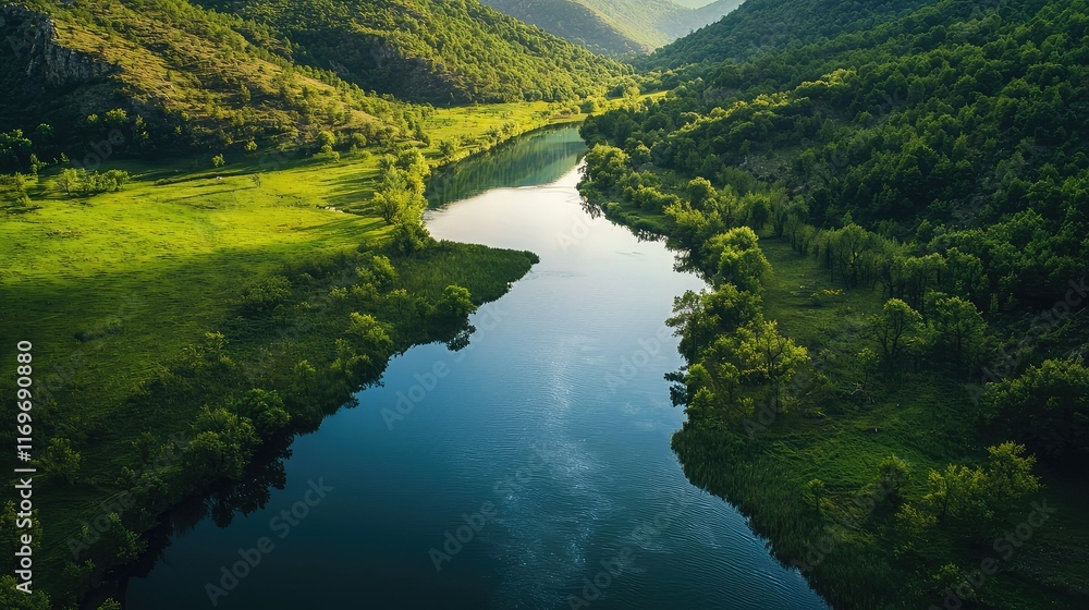 Serene Landscape with River Flowing Through Lush Green Valley Serene Landscape with River Flowing Through Lush Green Valley