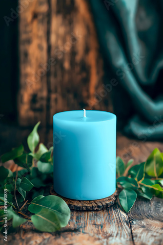 Serene Blue Candle Surrounded by Greenery photo