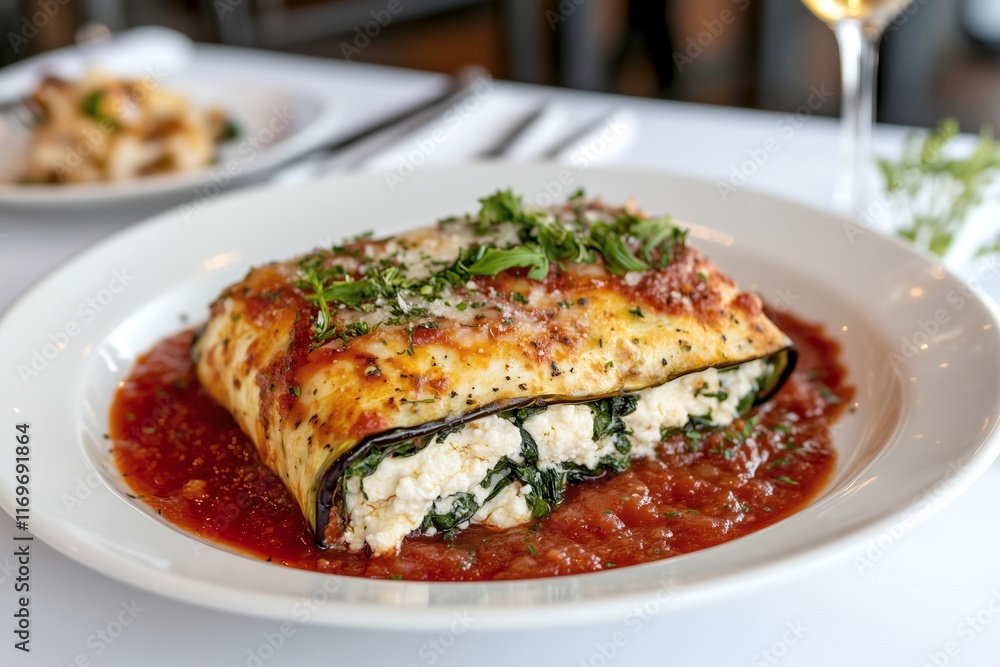 Eggplant Rollatini Filled with Ricotta and Spinach, Topped with Marinara Sauce Eggplant Rollatini Filled with Ricotta and Spinach, Topped with Marinara Sauce