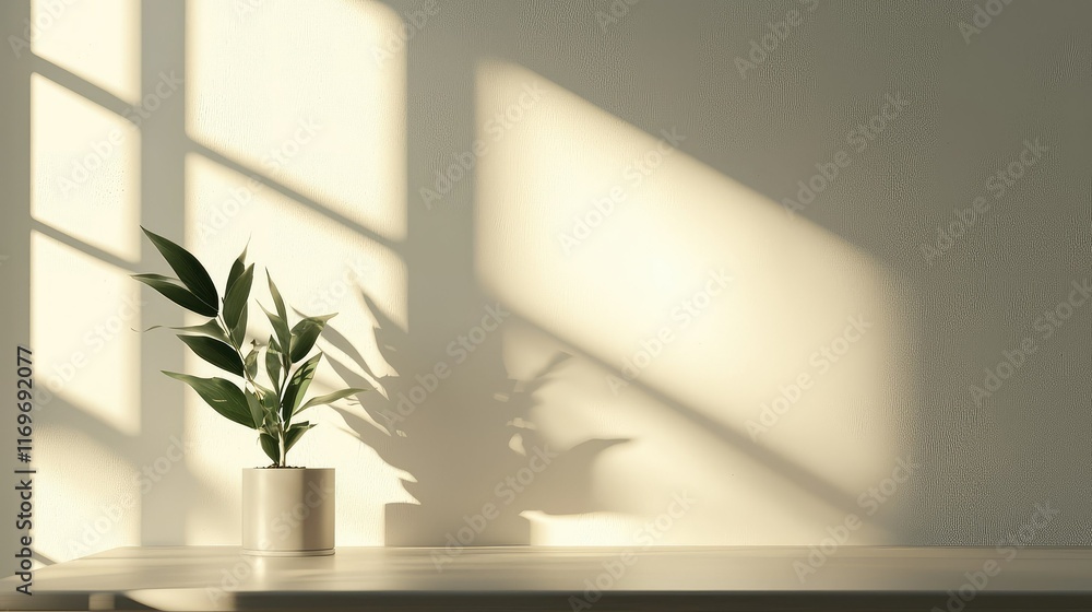 Soft Shadows and Green Plant on Minimalist Table in Sunlight Soft Shadows and Green Plant on Minimalist Table in Sunlight